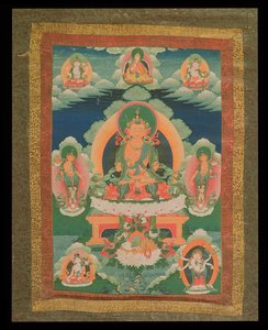 Pintura Thangka que representa un Bodhisattva no identificado, con varios bodhisattvas, deidades y hombres santos alrededor, de Lhasa, 1780-1880 de Tibetan School
